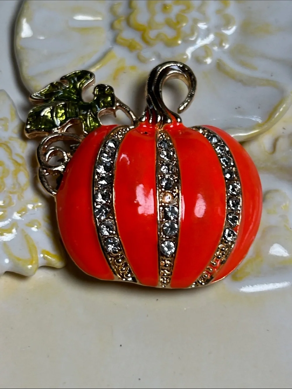 Rhinestone Orange Pumpkin Brooch with Green Leaf Accent